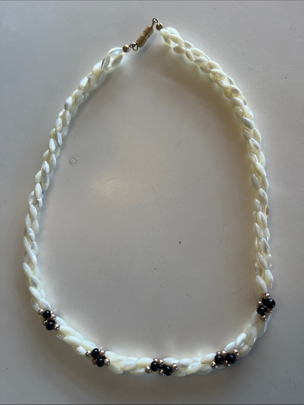 Vintage White Braided Bead Necklace with Black Accent Clusters